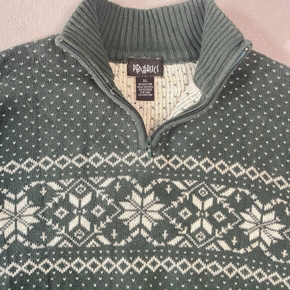 VTG PBX Basics Green Fair Isle Knit 1/4 Zip Sweater Size XL Retro Ski Winter - Picture 2 of 7